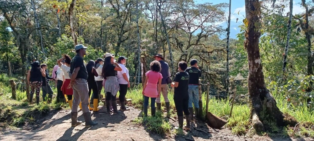 Los Cedros Scientific Station staff in the forest with Santa Lucía Reserve staff